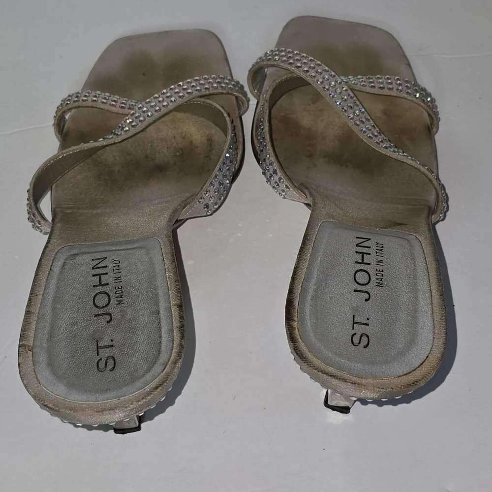 St John Women's Silver Satin Heels  w/Rhinestone Sandals Size 8